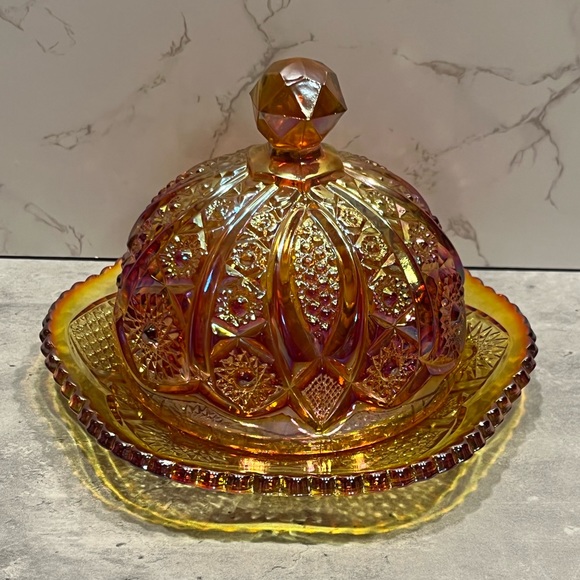 Indiana Glass Co. Iridescent Sunset Carnival Glass Round Butter Dish orange - Picture 3 of 14